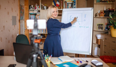 Distant,Education.,Middle,Aged,Teacher,Giving,Online,Lesson,Via,Internet