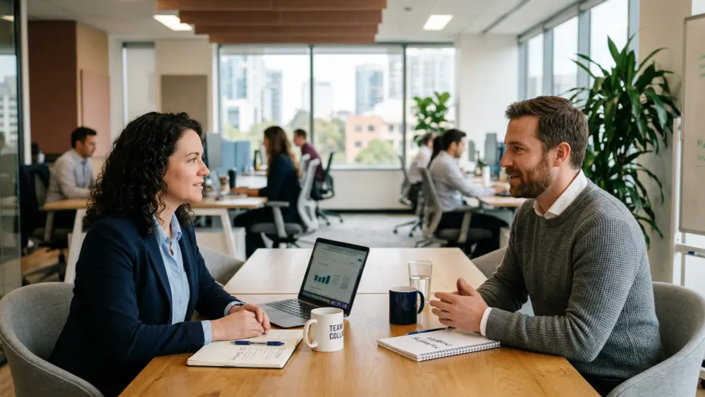 Dwie osoby podczas spotkania 1:1 w biurze.